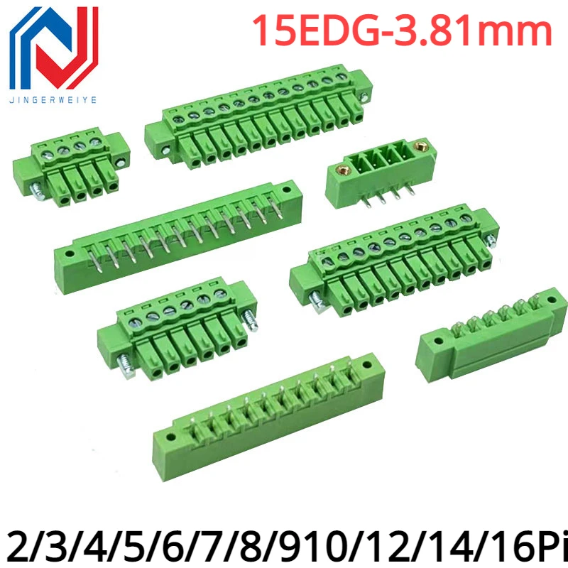 5pcs 15EDG 3.81mm Terminal Block Plug-in With Lock 2P 3P 4P 5P 6-16Pin Fixed Flange Screw 15edg Male/Female Pluggable Connectors