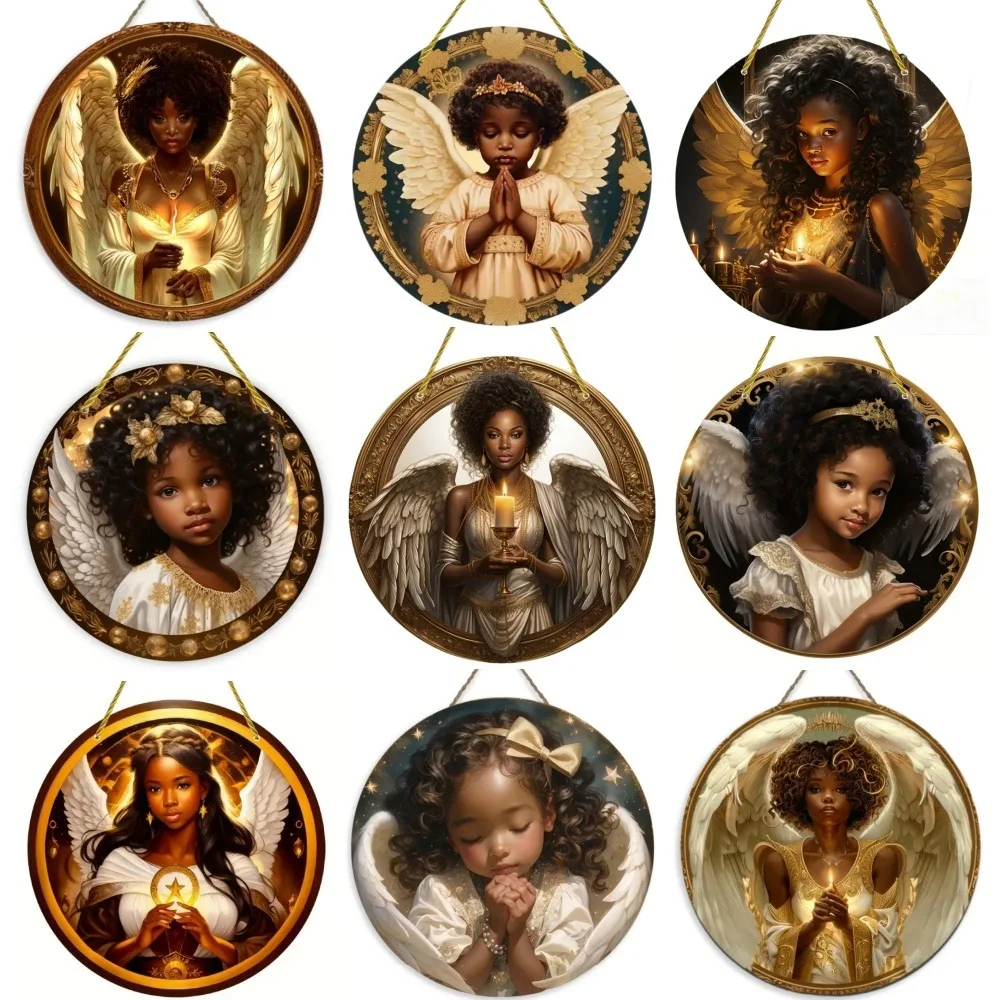 African American Angel Round Wood Sign for Home/Room/Home/Restaurant/Bar/Cafe/Door/Yard/Garage Decoration, Creative Gift