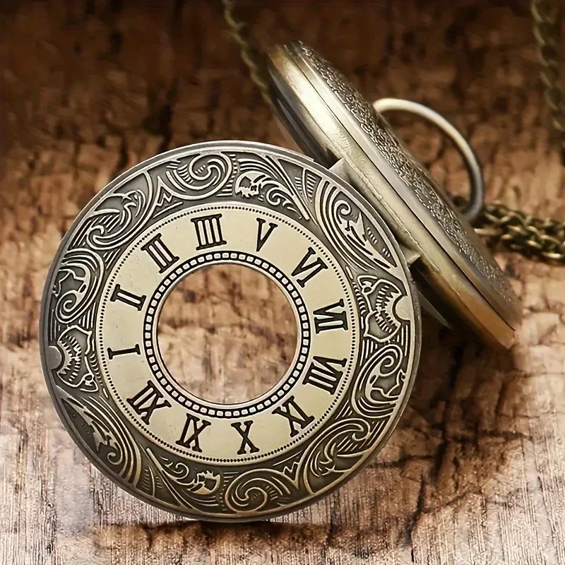 Classic Engraved Quartz Pocket Watch Vintage Bronze Pocket Watch with Chain Pendant Necklace Watch for Men Collection Gift