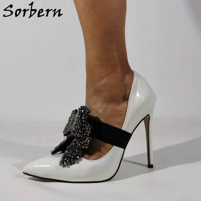 

Sorbern White Patent Women Pump Shoes With Blingbling Bowknot Mary Jane Style Stilettos High Heel Ol Shoes Custom Colors