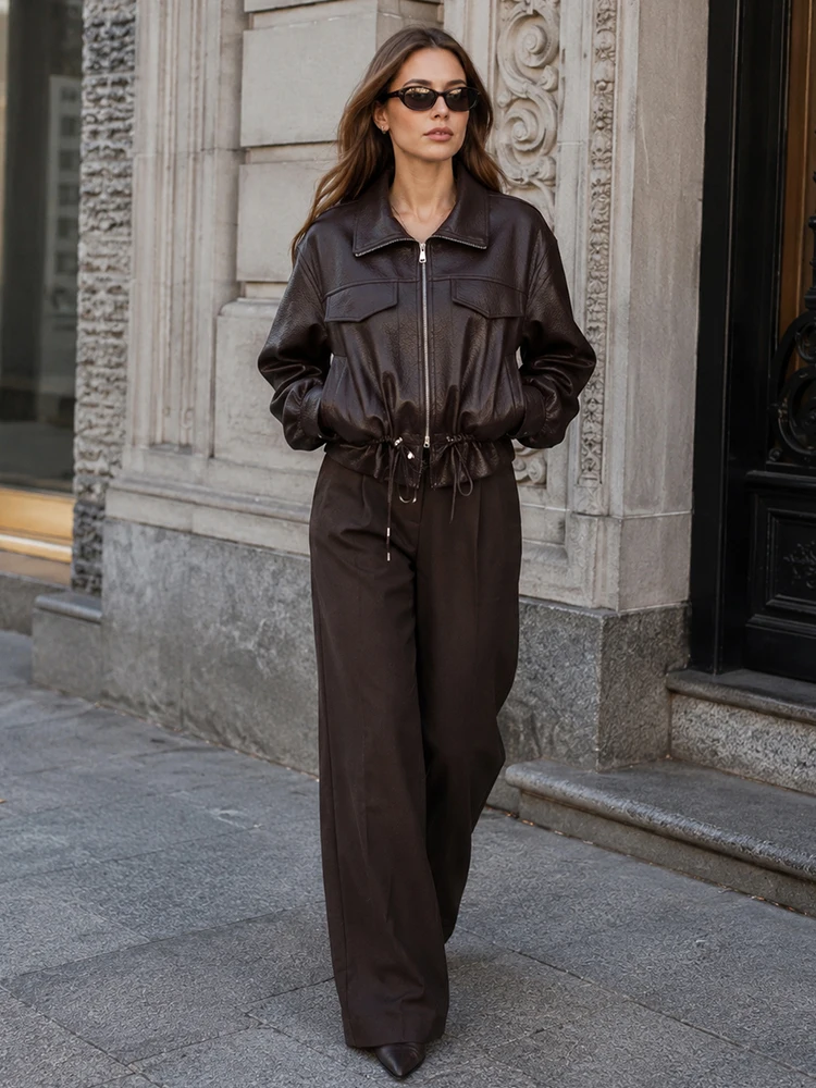 HH Vintage Faux Leather Women Jacket Drawstring Waist Lapel Collar Zip Front Pocket Retro Daily Office Dating Outer Coat