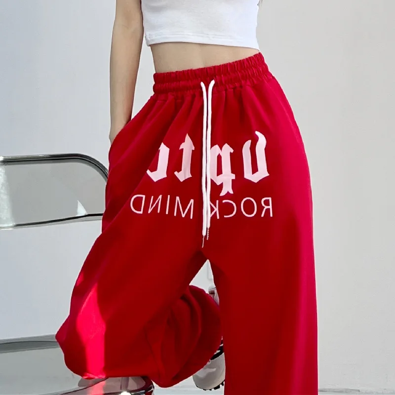 

European and American style hip-hop jazz red sports casual leggings hiphop hip-hop letter wide-leg sweatpants women's high waist
