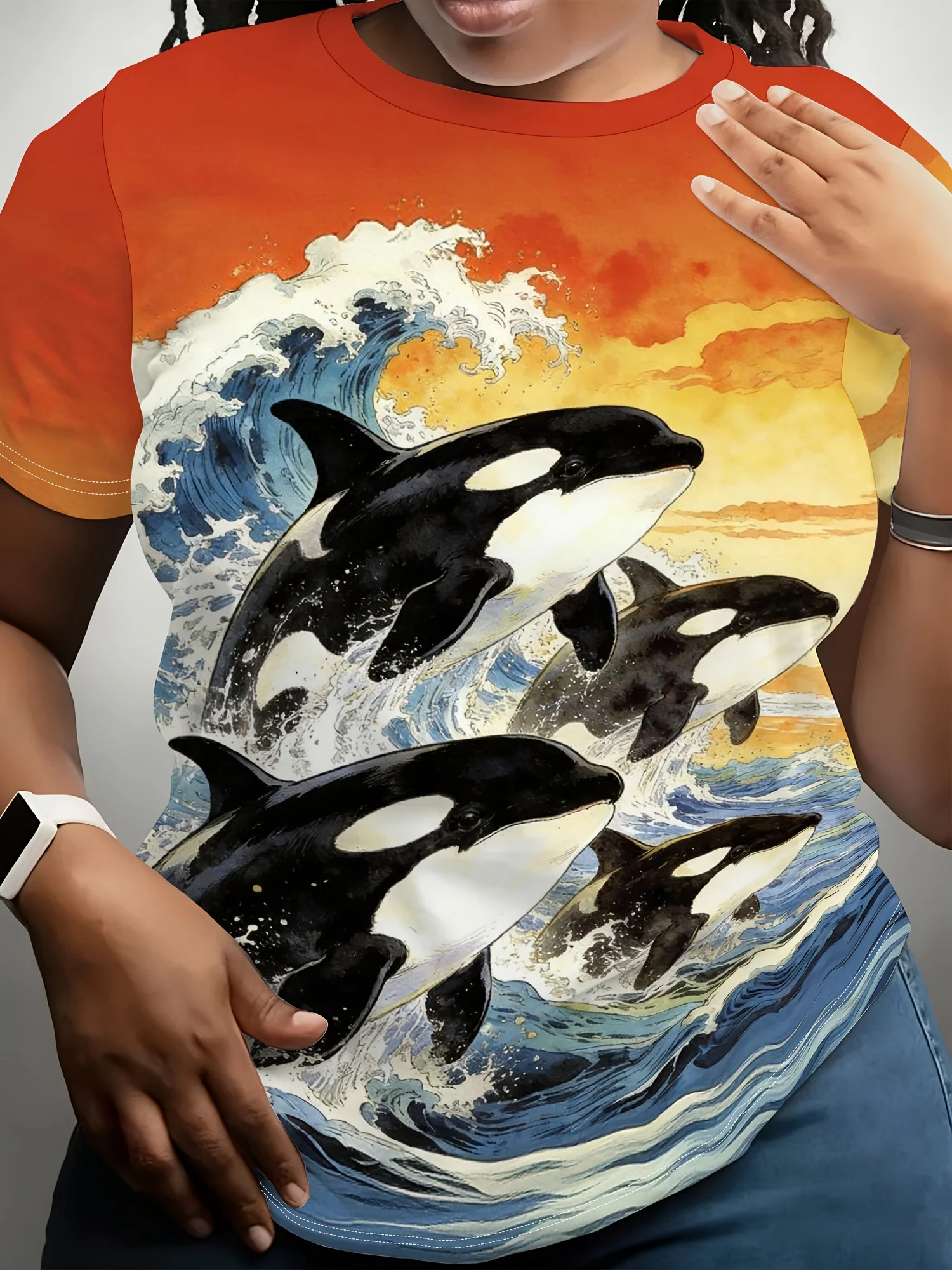 Women Crew Neck Short Sleeve T‑shirt Orca Killer Whale Ocean Wave Sunset Watercolor Art Print Casual Summer Tops