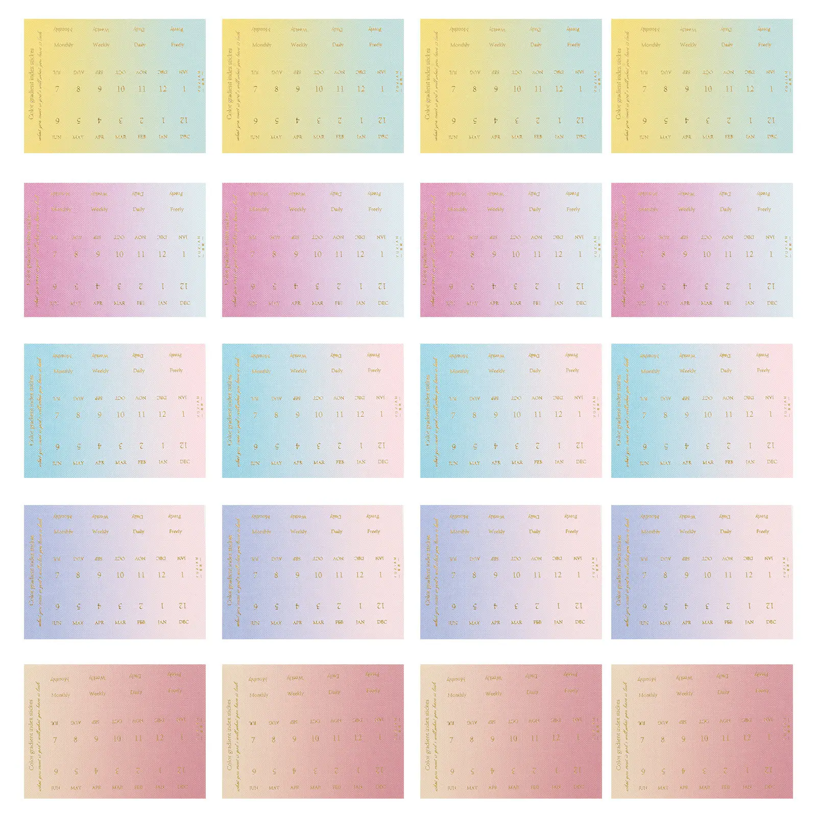 20Sheets Date Month Sticker Gradient Color Tear Proof Index Tabs for Notebook Diary Planner Reminder Classification Labels