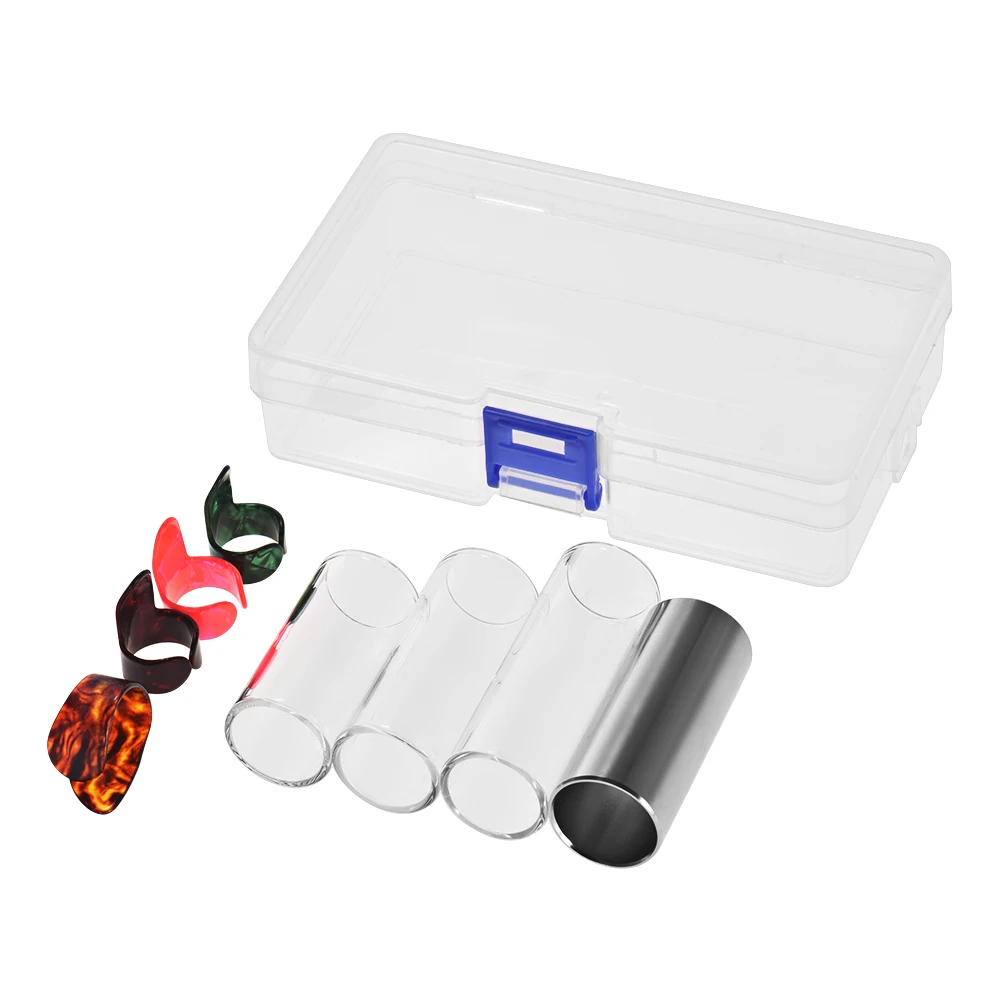 Guitar Slides Set Includes 3 Glass Slides 1 Stainless Steel Slide 4pcs Celluloid Thumb  Finger Picks with Plastic Storage Box