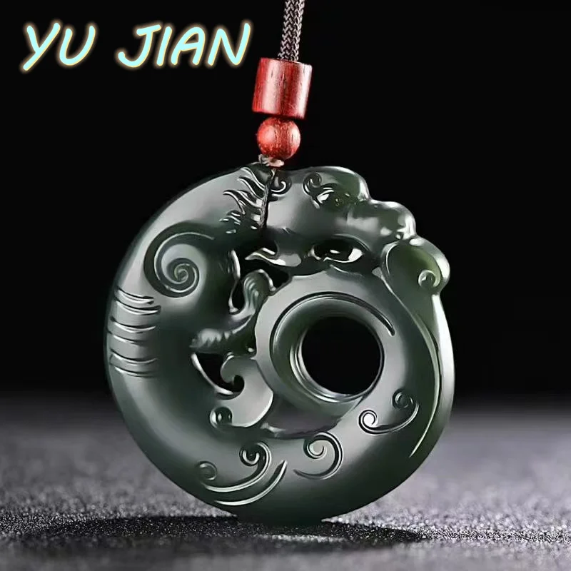 

Jadeite Hand Carved Antique Dragon Pendant Black Green Natural Emerald Men Ladies With Chain Necklace Exquisite Jewelry