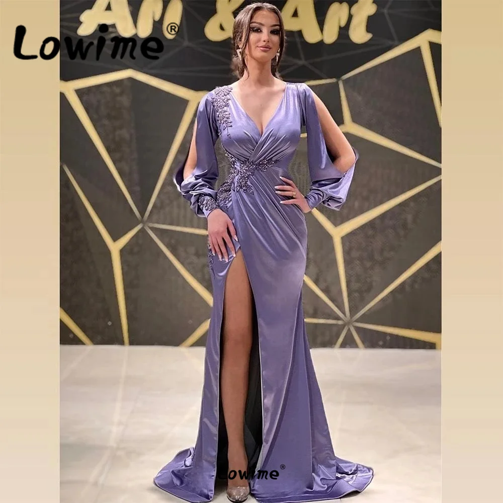 

Elegant Purple V Neck Evening Dresses Satin Long Sleeve Beaded Arabic Dubai Women Party Gowns Split Side Mermaid Prom Gown 2022