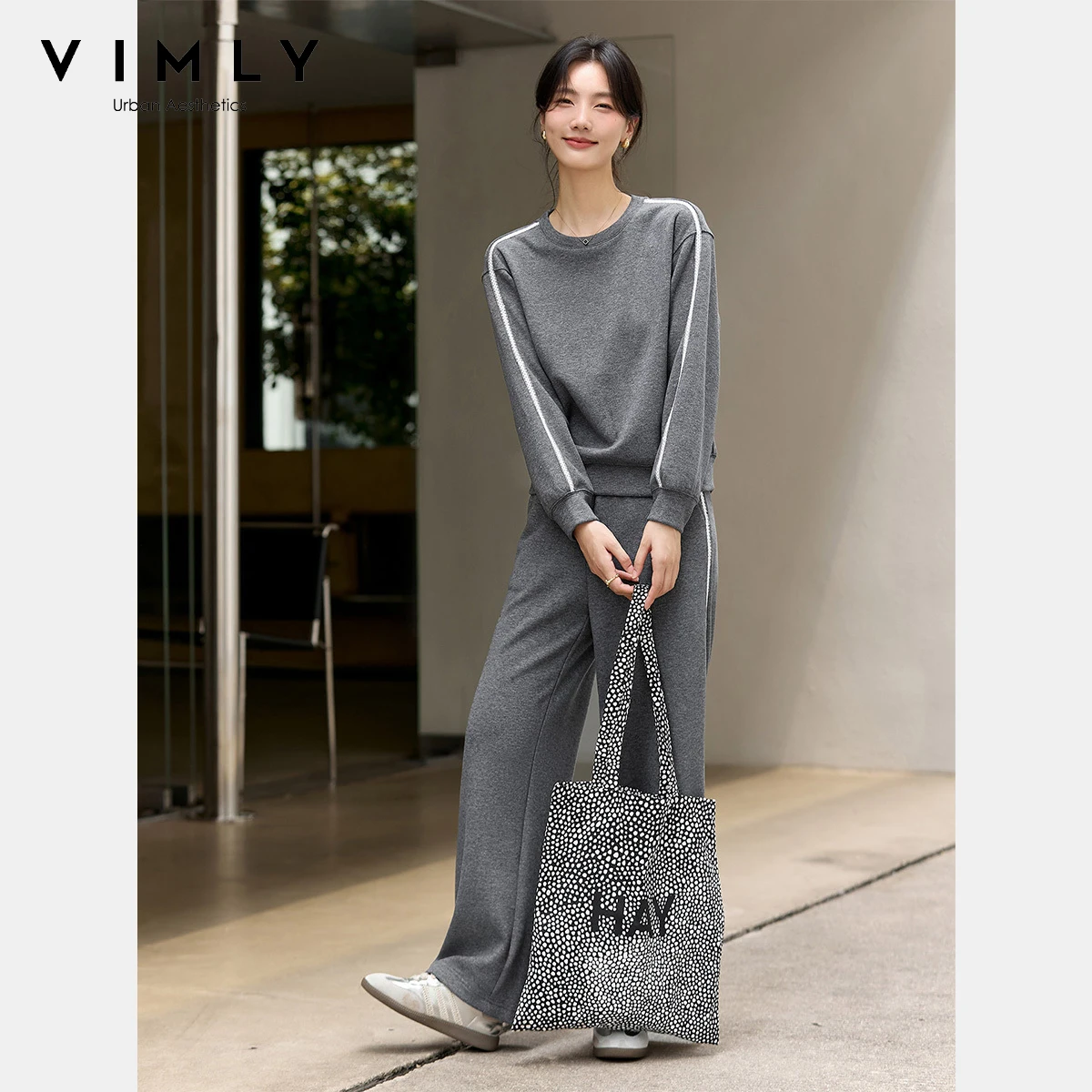 

VIMLY Women's Two Pieces Pant Sets Sporty Fall 2025 Grey Knitted Lace Spliced Tops Wide Legs Trousers Elegant Woman Sets A2573