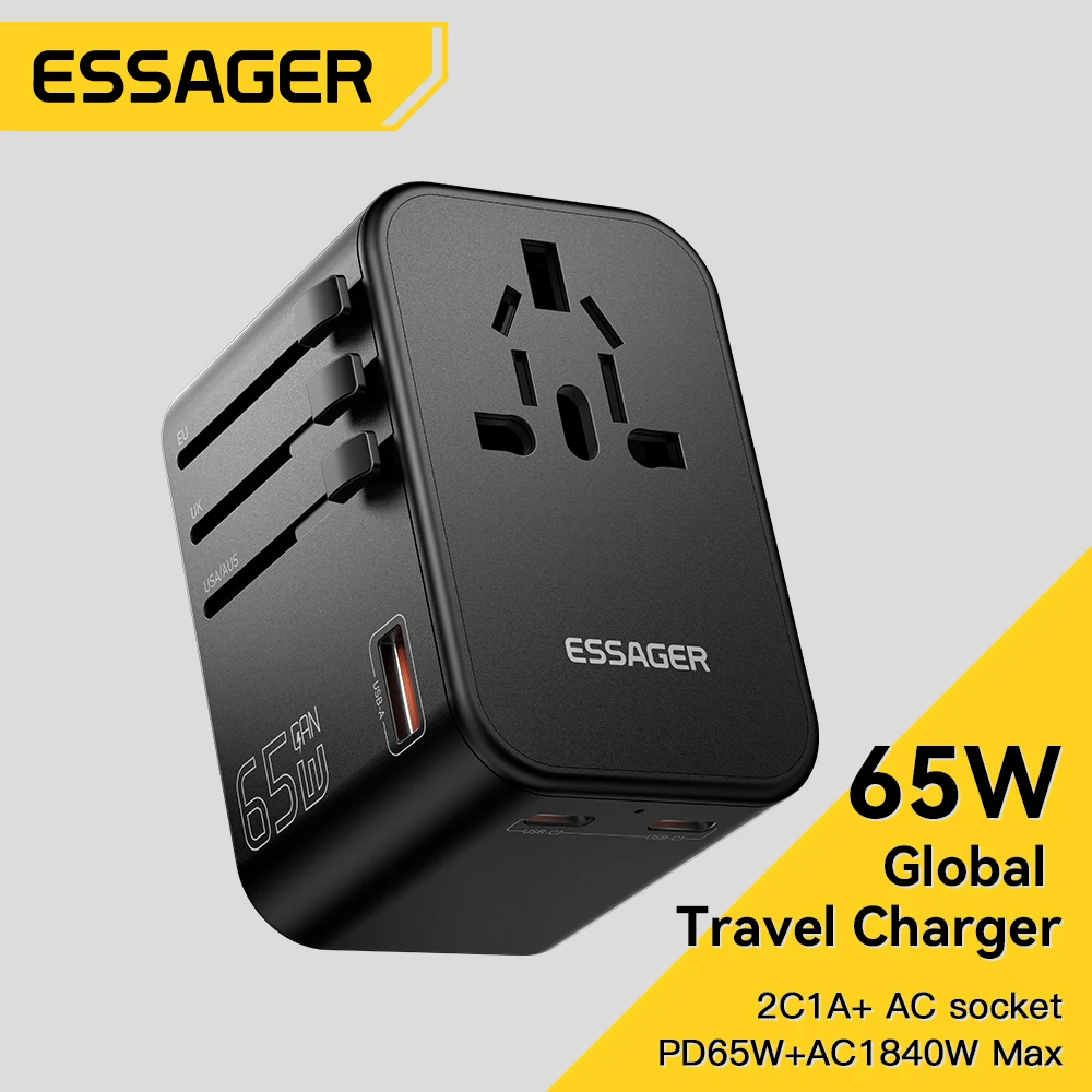 Essager Universal Travel Adapter All in one Travel Charger With 65W USB and Type C Wall Charger For US EU UK Plug AUS Charging