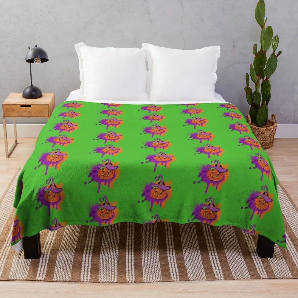 Pumpkin Witch Samantha on Green Throw Blanket Thin Decorative Beds Flannel Fabric Soft Beds Blankets