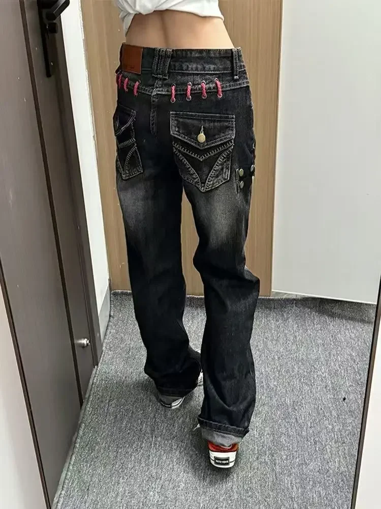 Black Gothic Low Waist Baggy Pants for Women Belt Design Retro Hip Hop Slim Straight Streetwear Trousers
