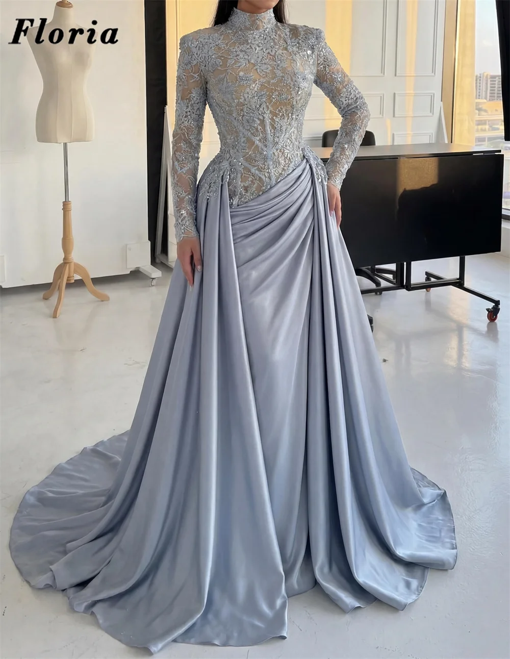 Customized Light Blue Beaded Prom Dresses Middle East Long Sleeves Women Evening Dress With Satin Skirt Engagement Gowns Party