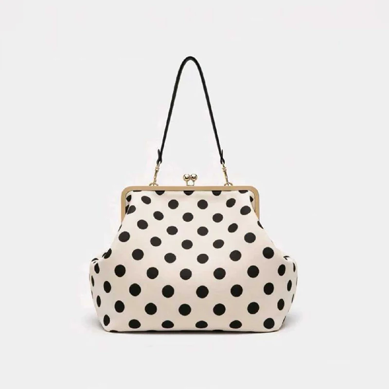 Schwarz-weiß gepunktete Damenhandtasche mit Verschlussrahmen, große Umhängetasche, Vintage-PU-Tragetasche für den Alltag – Detail 1