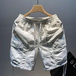 Koreaanse Mode Zomer Heren Elastische Taille Trekkoord Zakken Ijs Zijde Sneldrogende Trend Veelzijdige Losse Knielengte Board Short