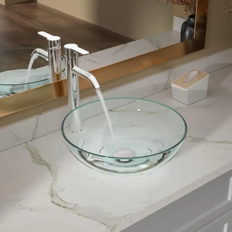 

14 x 14 Inch Artistic Vessel Sink Bathroom Vessel Sink Round Clear Tempered Glass Vanity Round Bowl with Pop-up Drain Combo Cou
