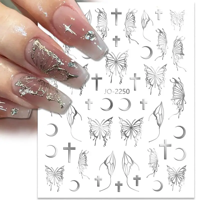 Silver Black White Butterflies 3D Nail Sticker Metal Butterfly Star Crucifixion Adhesive Slider Wraps Manicure Gel Polish Decals