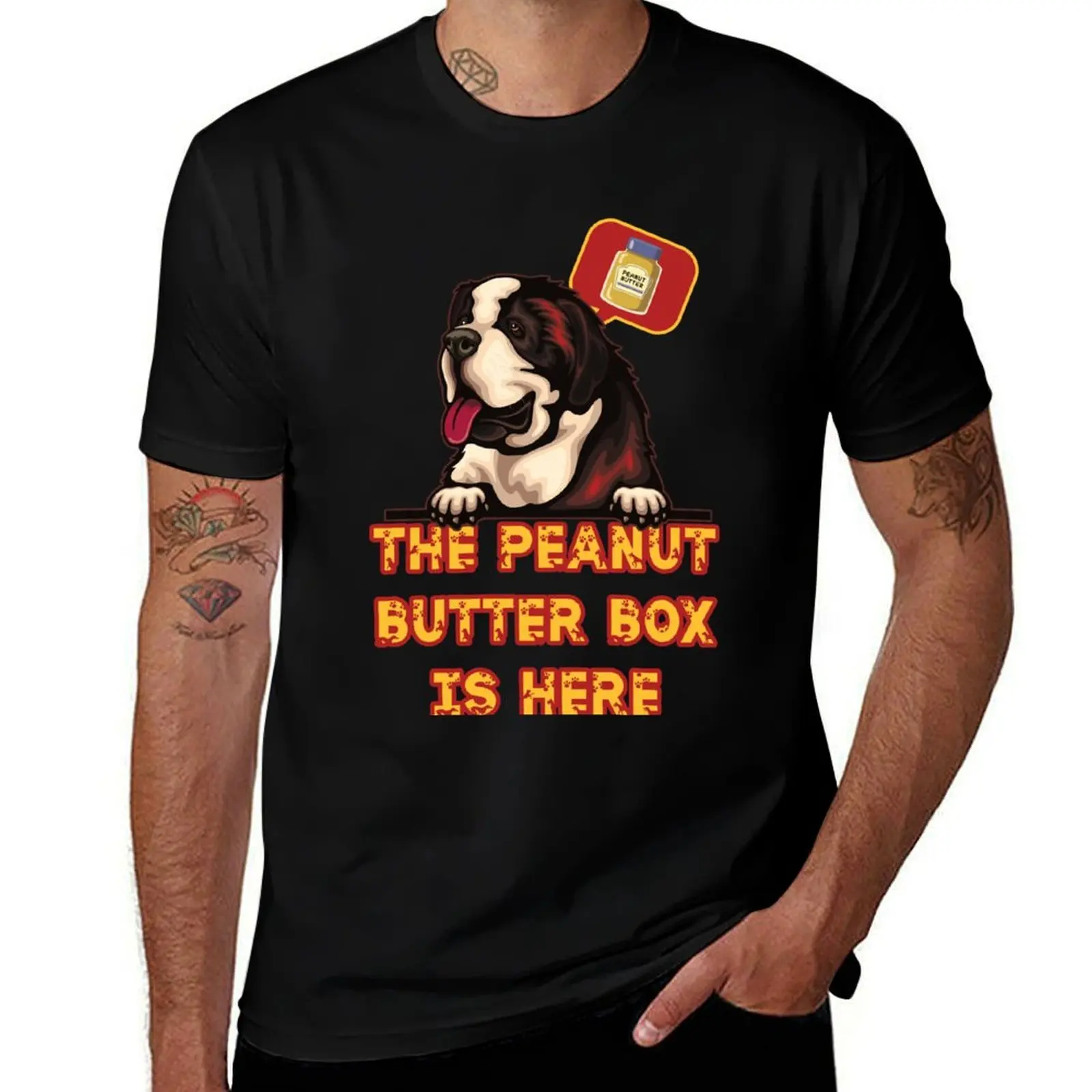 The Peanut Butter Box Is Here: Warm version with Good Dog Font Funny St. Bernard Dog Commercial Humor T-Shirt