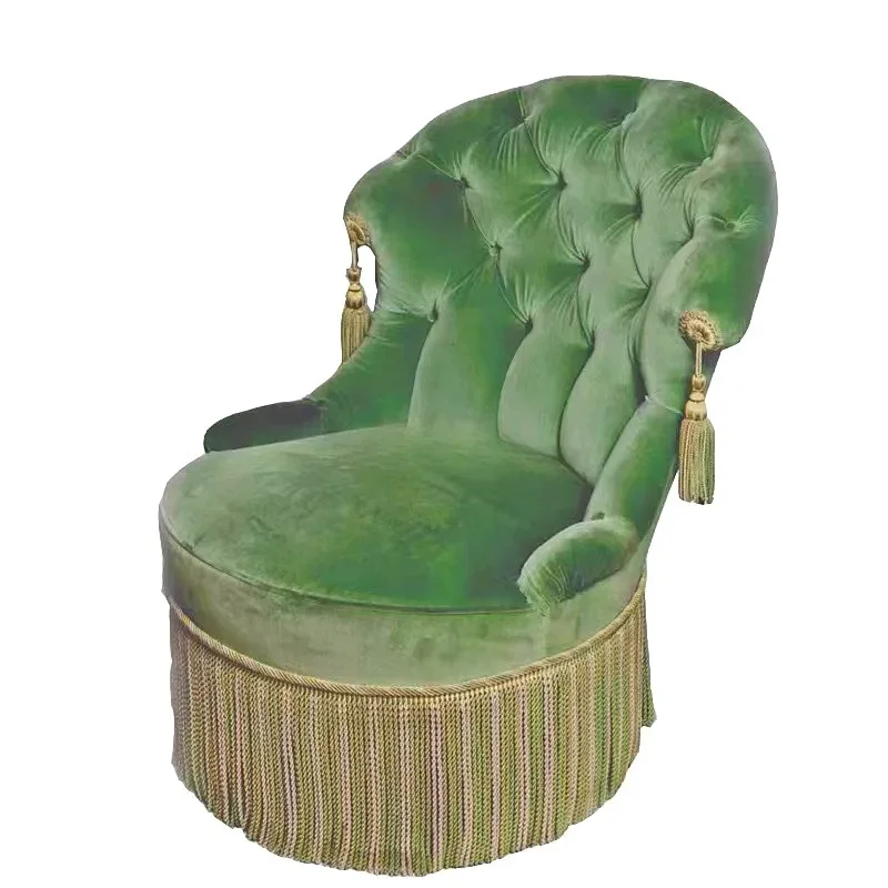 

Green velvet buckle single sofa chair dressing leisure chair balcony western nostalgic fringed antique