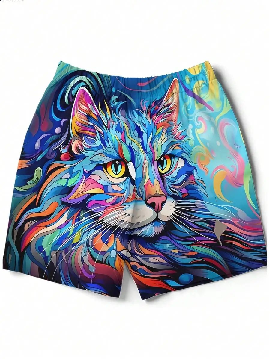Vibrant 3D Printed Cat Design Beach Shorts For Men Casual Summer Wear