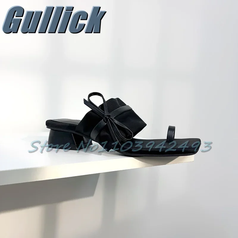 

Black Satin Knot Heeled Sandals Square Toe Heels Women Luxury Designer Shoes Summer Sandalias De Mujer Khaki Slip On Mules 4CM