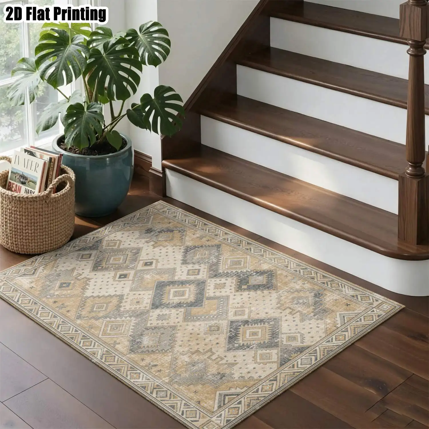 1Pc 2D Printed Retro Blue-Grey Geometric Carpet, European & Bohemian Style, Multi-Size, Machine-Washable, for Entrance, Dining Room, Foyer, Bedroom, Living Room Home Decoration