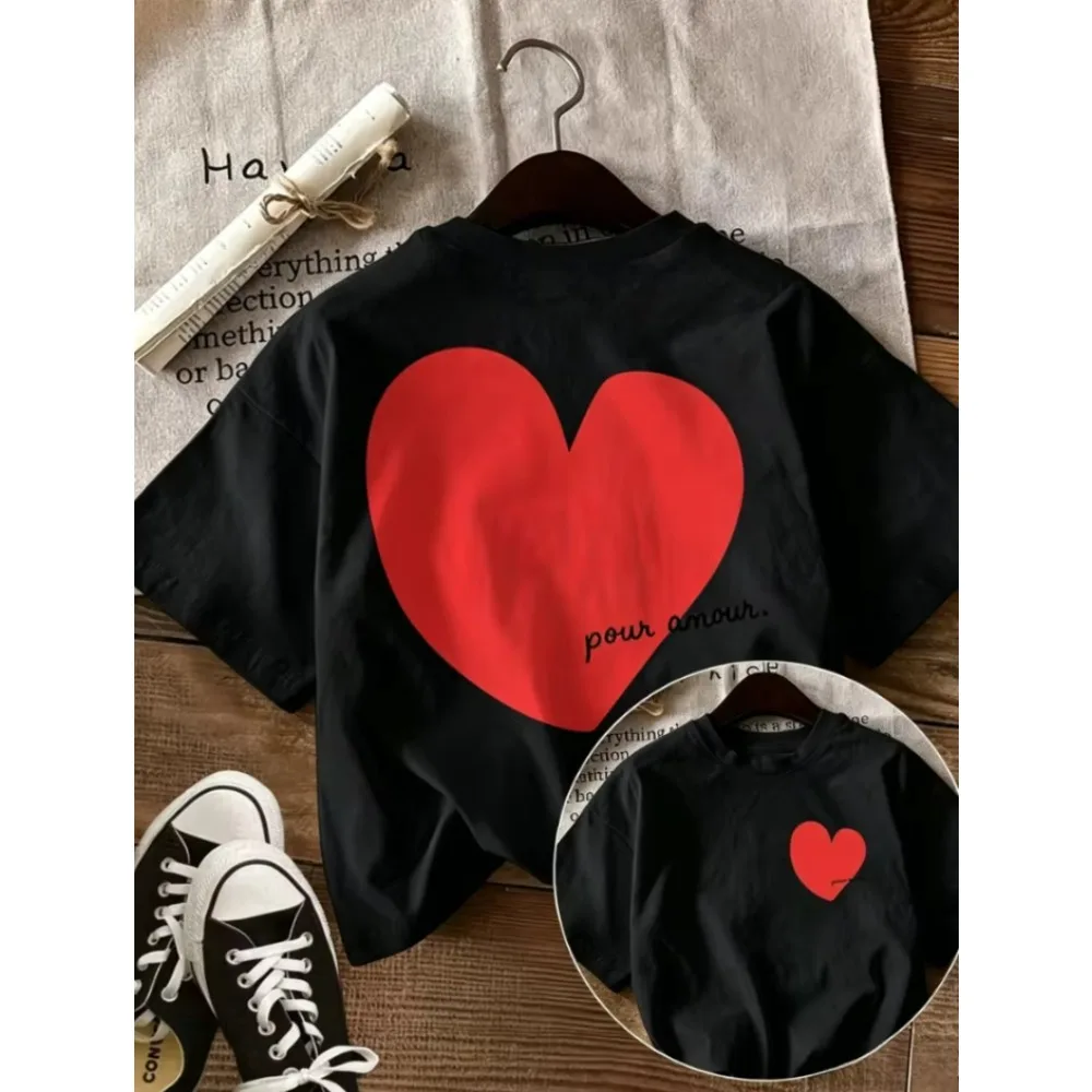Pour Amour Large Back Heart Print T-shirt Women Casual Streetwear Daily Wear Cute Love Graphic Double Sided Short Sleeve Tops