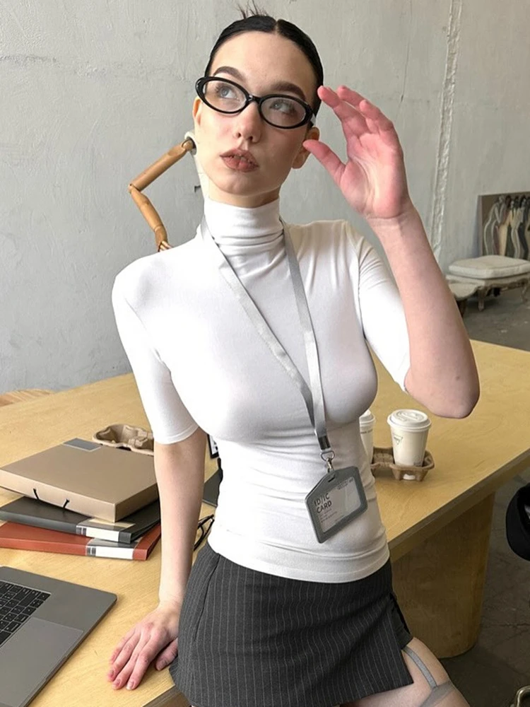 

Solid Color T Shirts For Women Minimalist Clothes Turtleneck Crop Top Y2k Accessories Half Sleeve Camisetas Bodycon Ropa Mujer