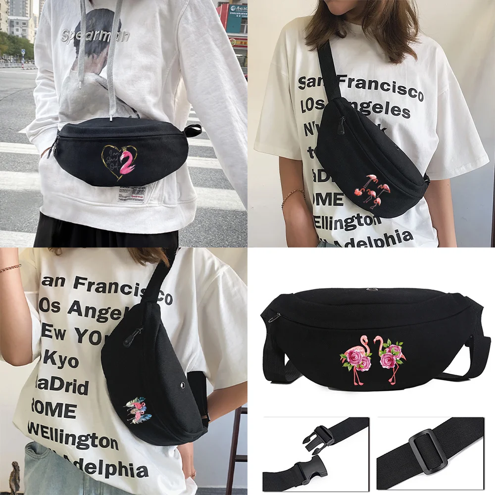 2022 Street Fashion Women's Shoulder Bag Women Chest Bag Waist Bag Messenger Bag Flamingo Case Canvas Bag Riding Bag Black