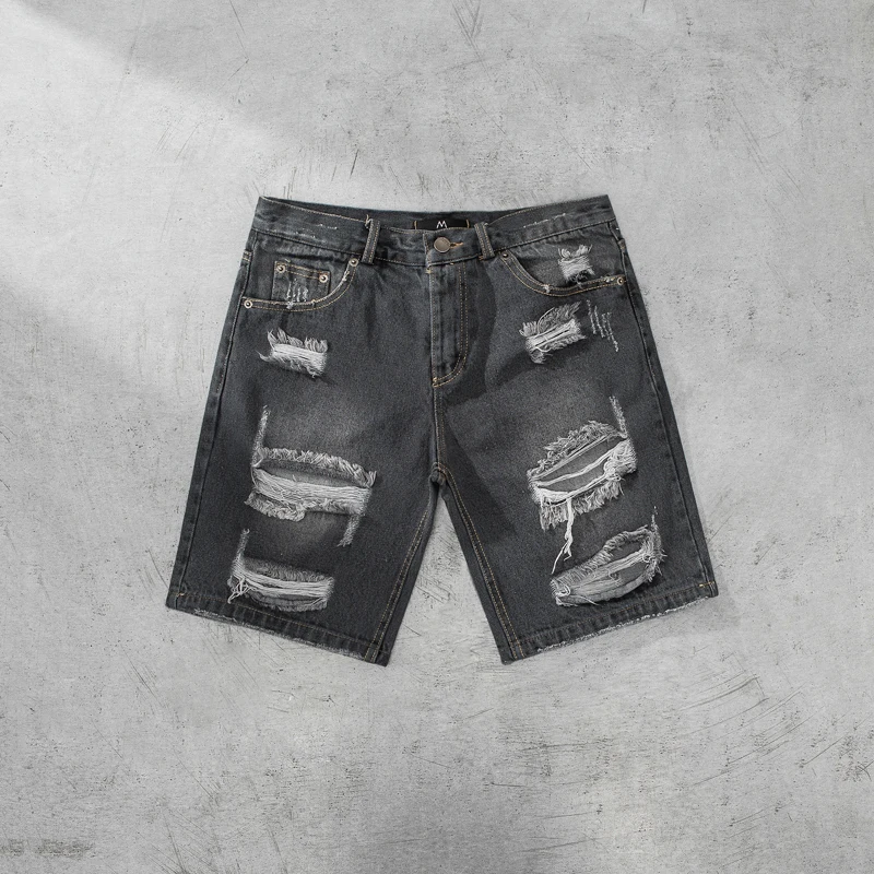 MRCYC Men's Denim Shorts Street Style Summer Korean Straight Leg Trendy Five-Point Washed Ripped Jeans Casual Loose Fit