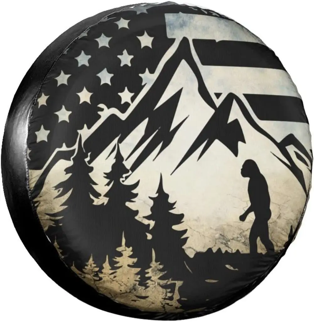 Bigfoot American Flag Spare Tire Cover Weatherproof Wheel Protectors Universal Fit for Trailer Truck Camper Travel Trai