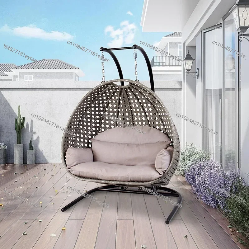 Modern Outdoor Patio Grey Wicker 2 Seater Hanging Furniture Garden Rattan Double Swing Egg Chair With Stand