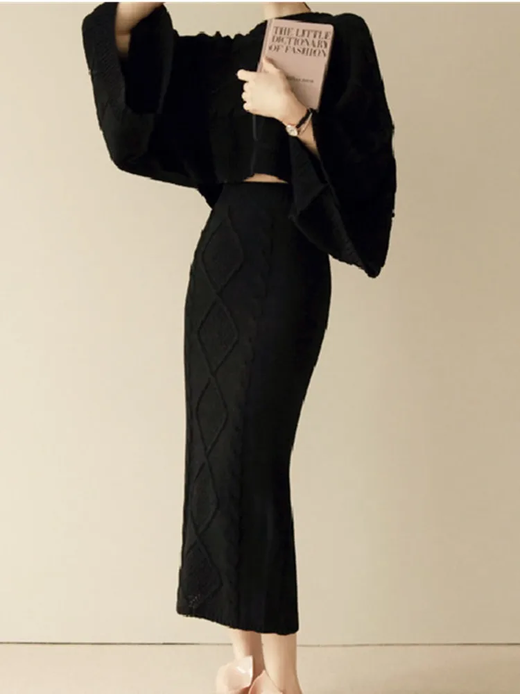 SMTHMA High Quality Luxury Runway Women Winter Warm Flare Sleeve Loose Knitting Sweater+Slim Split Two-Piece Long Skirt Suit