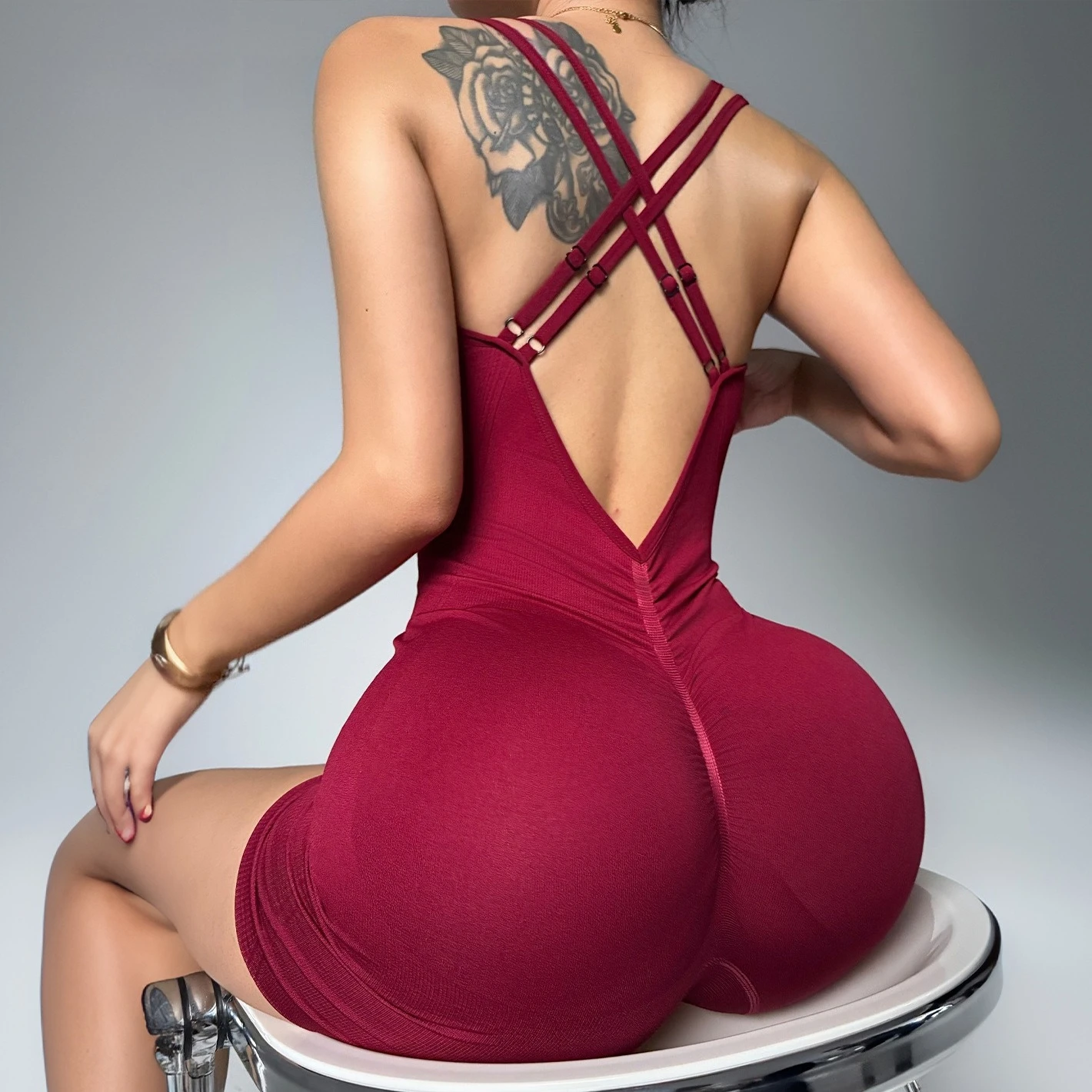 

Gutashye Ribbed Quick Dry Yoga Jumpsuit Crisscross Back Design Tight Fitness Sports Workout Bodysuit