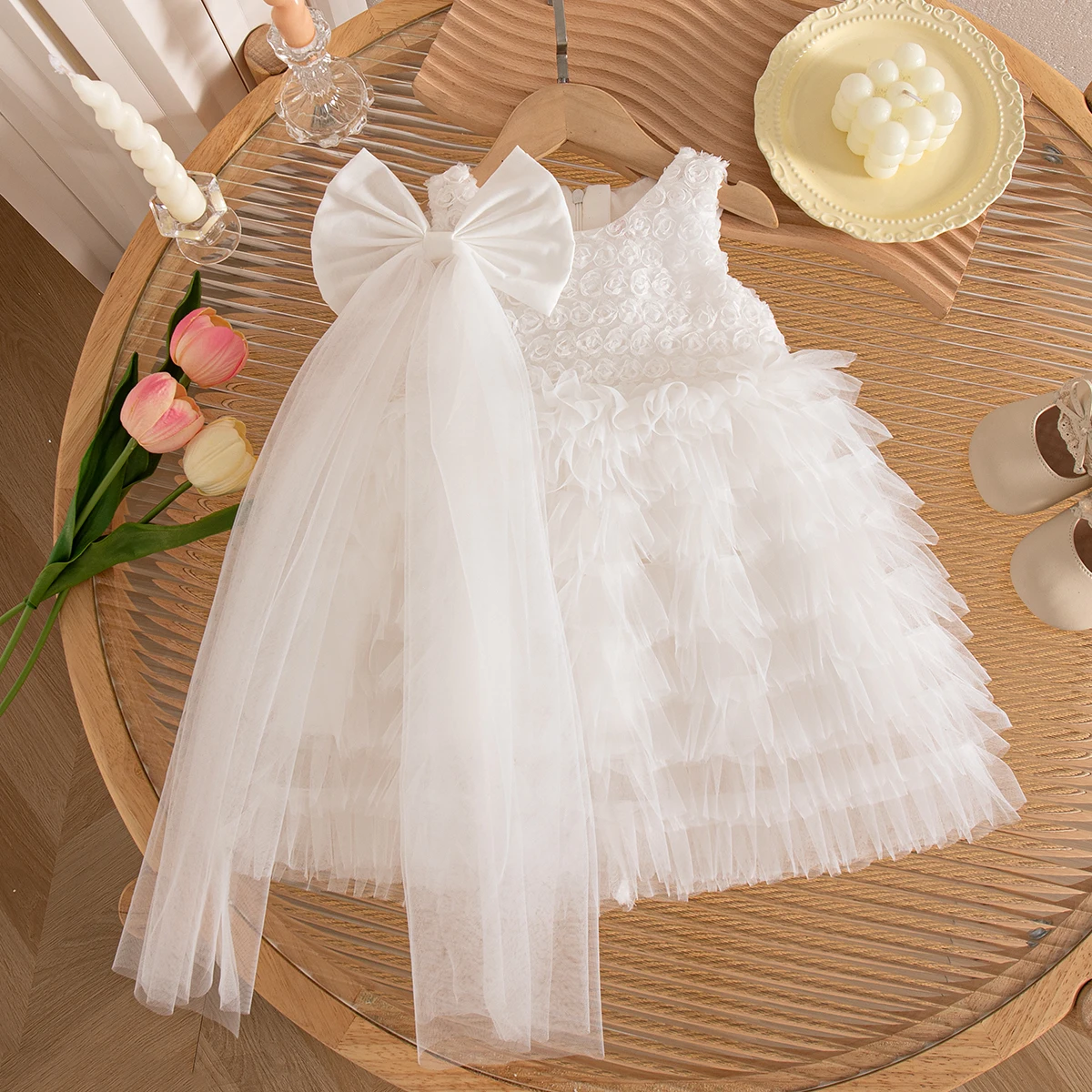 Baby Girl Dress Summer Gift Bow Headband Mesh Fluffy Princess Dress Birthday Party Dress Children's Clothing 12 Months -4 Years
