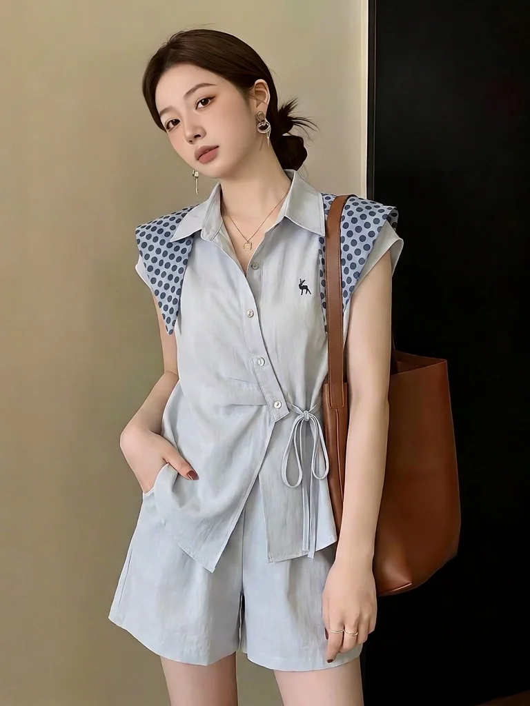 

plus Size Women's Summer Fashion Set High Waist Shorts Shirt Waist Cinching Two Piece Set Old Money Style Polka Dot Print