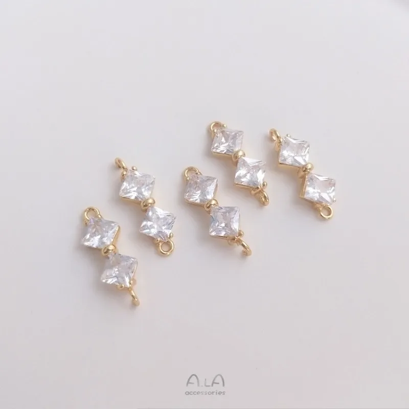 14K Gold Plated Bow Double Hanging Charms Square Zircon Bow Pendant DIY Handmade Bracelet Necklace Earrings