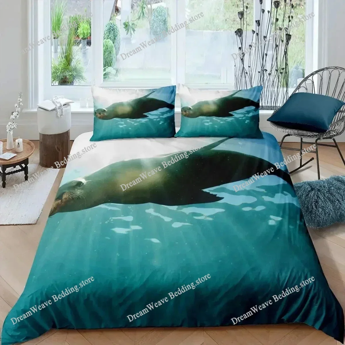 Seal Duvet Cover King Size Lovely Swimming Seal Bedding Set Cute Ocean Exotic Style Marine Life Polyester Comforter Cover592