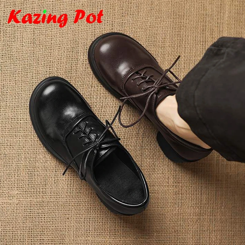 

Женские оксфорды Krazing Pot Fashion из микрофибры с круглым носком на массивном каблуке, весна-осень, большие размеры до 43, винтажный дизайн, с перекрестной шнуровкой