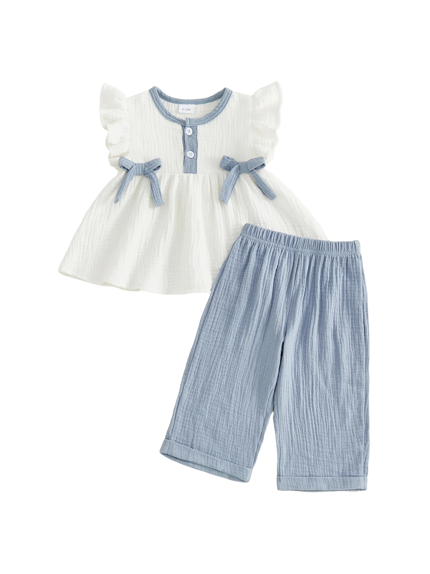 

Cute Baby Girls Ruffle Sleeve Floral Print Top and Pants Set with Bow Detail and Round Neckline for Toddler Girls