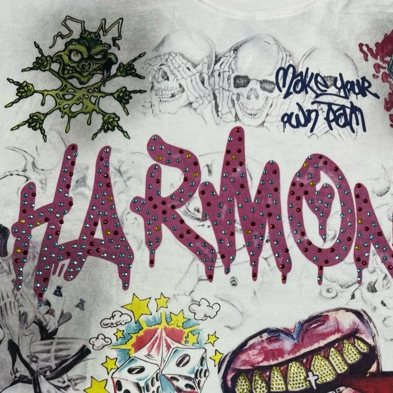 Summer HARMONY Tshirts Colorful Rhinestone Cutting Sleeves Tee Vintage Distressed Graffiti Skull Retro Short Sleeve Men Women