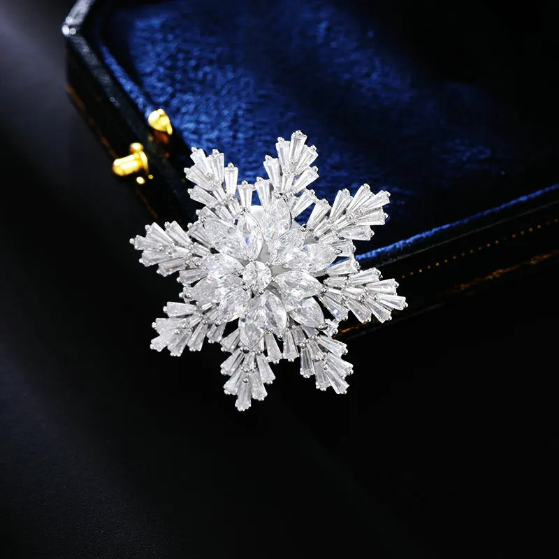 Chinese Style Lucky Blessing Snowflake Brooch For Women Micro Pave Zircon Elegant Pin For Coat Dress Anti Exposure Chic Jewelry