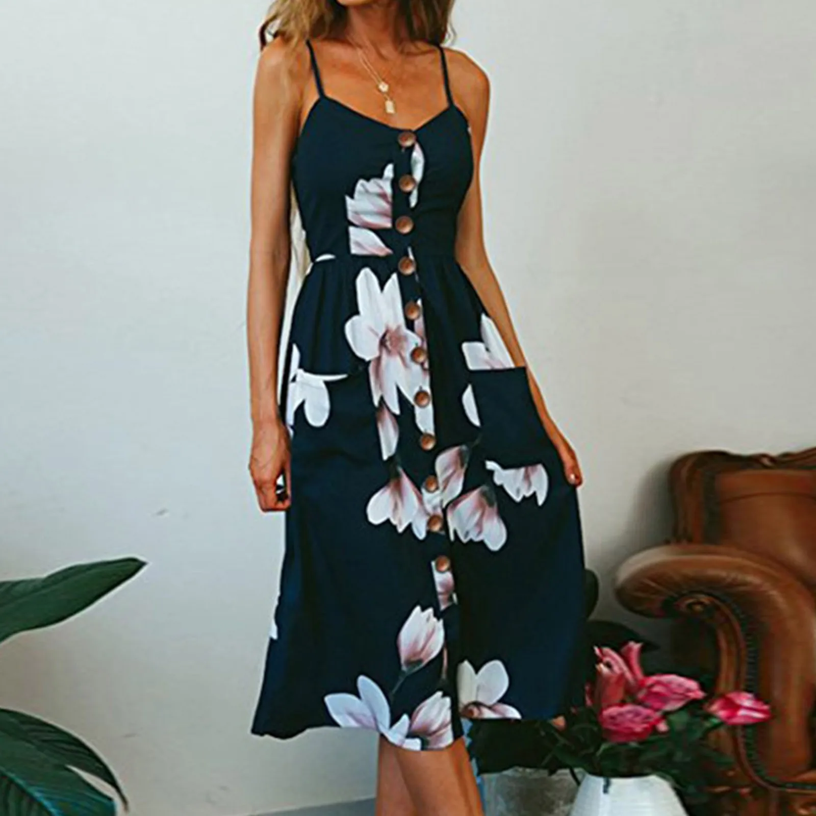 Boho Summer Beach Zonnejurk Voor Vrouwen 2023 Sexy Spaghetti Strap V-hals Button Bloemenprint Casual Midi Jurk Vestidos Robe Femme