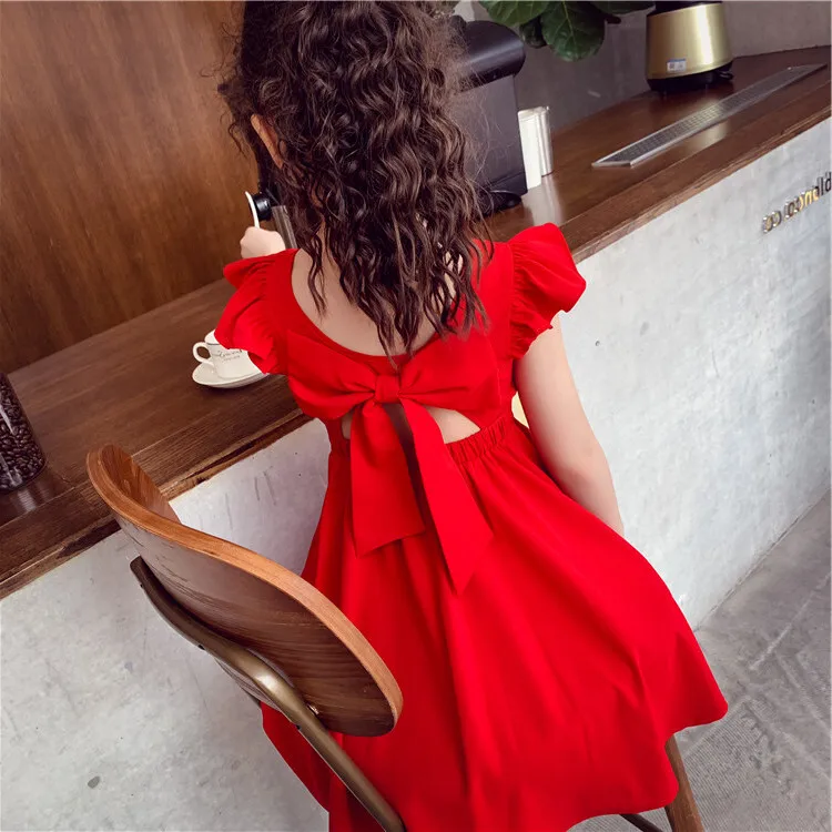 Girls Chiffon Dress with Bowknot New Summer Princess Party Dress for Girls Wedding Red Dress Kids Clothing 4 5 7 9 11 13 Years