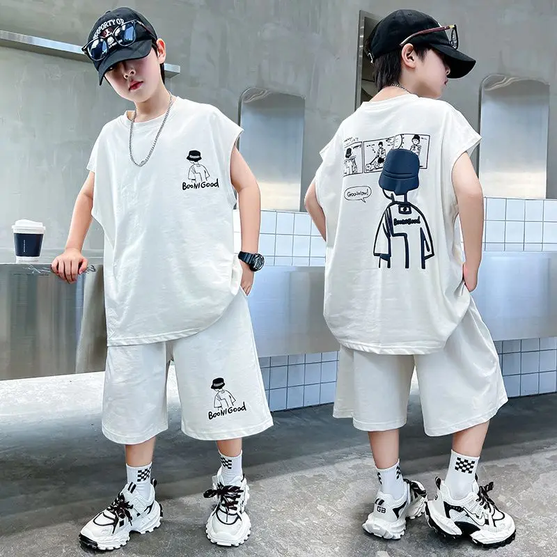 Boys' Loose Sleeveless Vest Set Summer Thin Cartoon Comic Portrait Boys' Tank Top and Shorts Two-Piece Set Children's Clothing