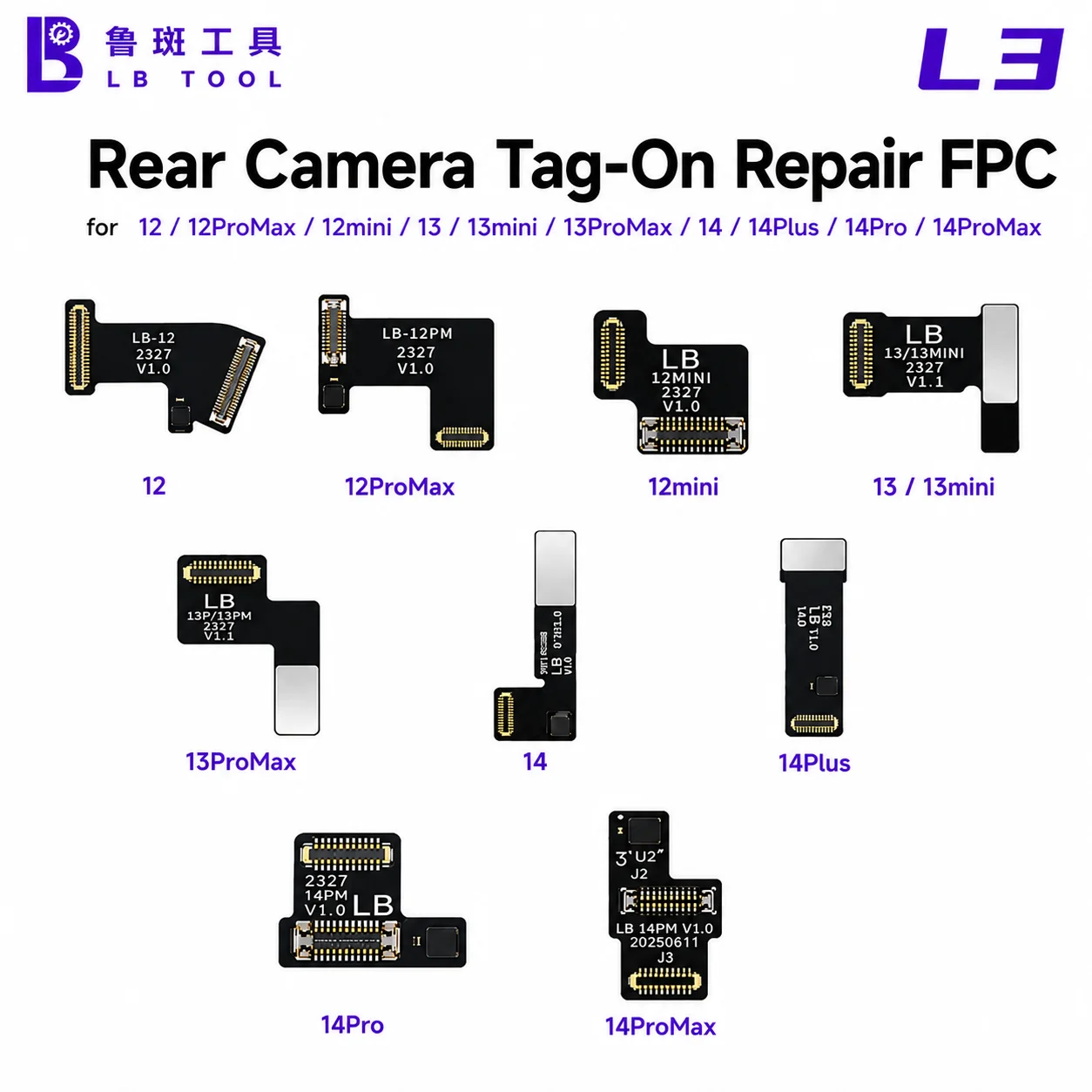 LB TOOL L3 Rear Camera Tag-On Repair FPC Flex Cable for iPhone 12 13 14 15 Mini Plus Pro Max, Helps Address Replacement Warning