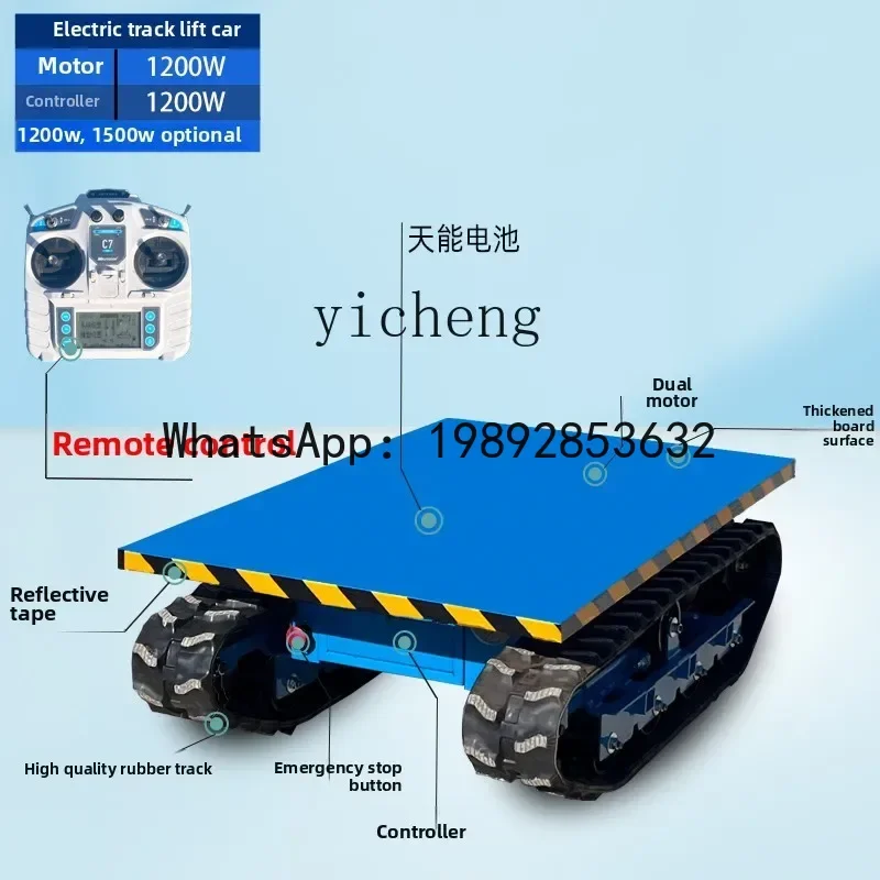 Mały elektryczny wózek gąsienicowy zdalnie sterowany, platformowy, do transportu towarów w szklarniach, wózek do transportu ładunków.