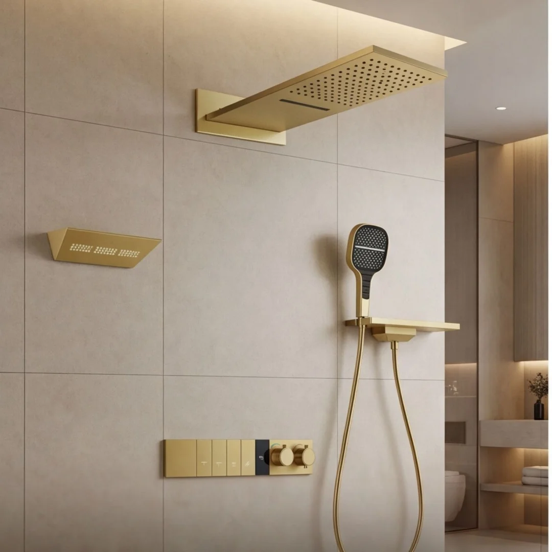 Brushed Rose Gold Bathroom Shower Faucet Set Brushed Gold Concealed Rainfall Shower Faucet Ceiling Thermostatic Shower Mixer