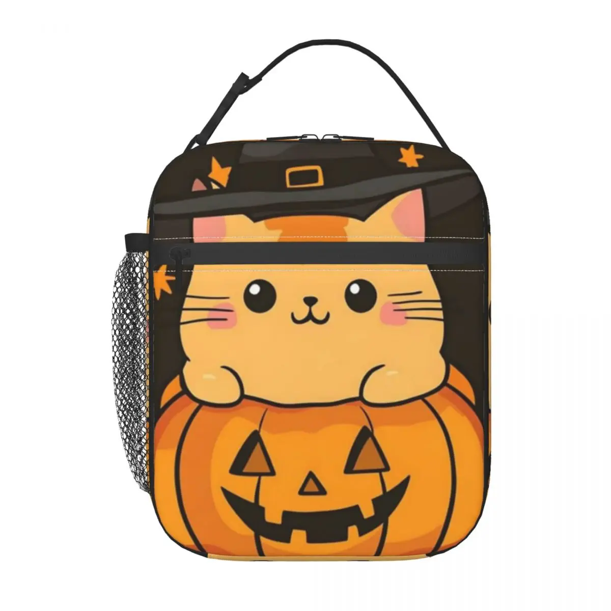 Cute Kitten And Pumpkin Lantern Pattern Insulated Lunch Bag for Women Children Portable Food Boxes Thermal Lunch Box Tote