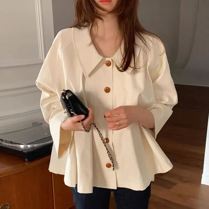 Women's Clothing Solid Color Button Long Sleeve Spring Autumn Peter Pan Collar Loose Cardigan T-shirt Casual Elegant Tops