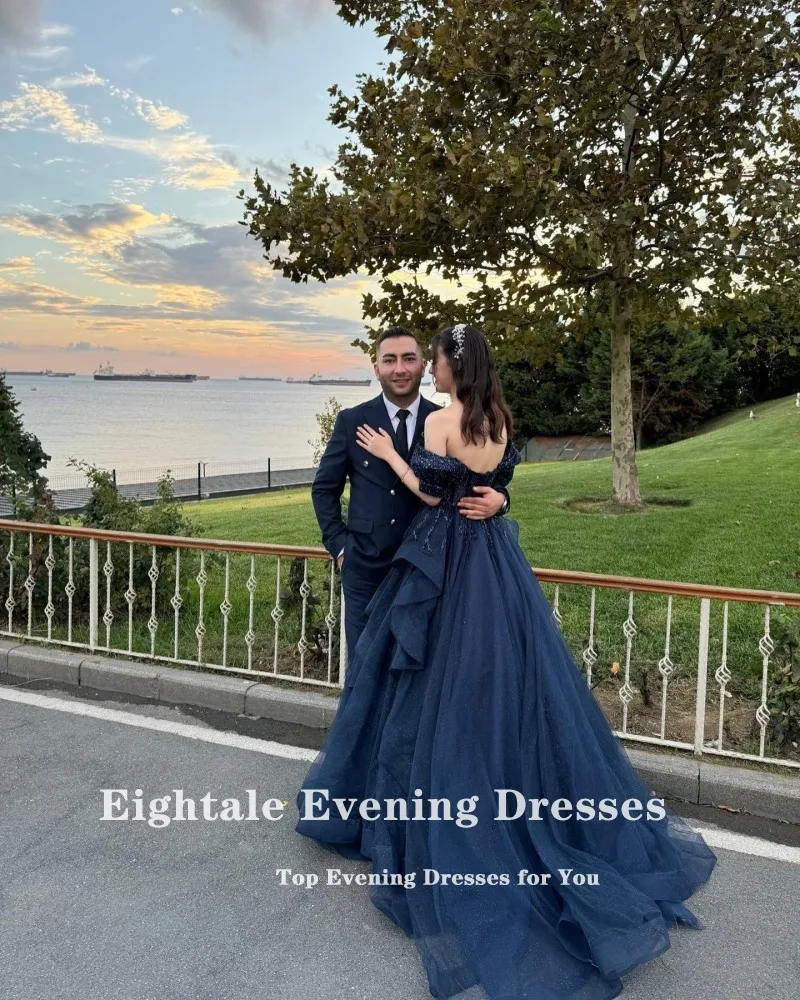 Eightale Navy Blue Prom Dresses Tulle Beaded Shiny Wedding Party Gown Customized Backless Celebrity Dress